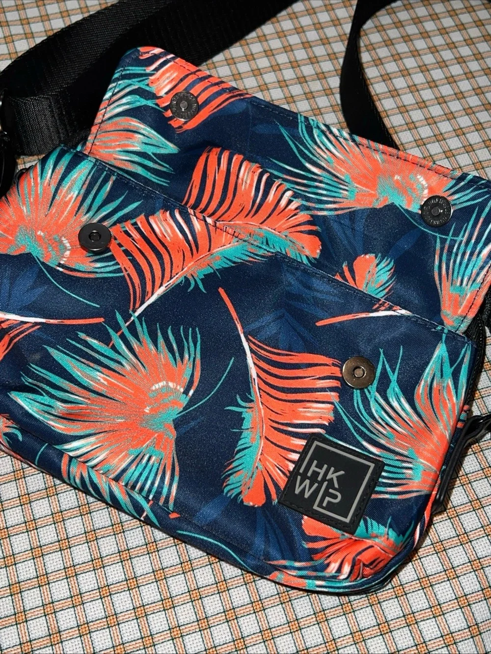 HKWP Navy Crossbody Bag with Coral & Teal Tropical Print
